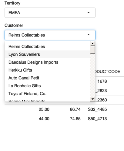我选择 "EMEA"(左),然后选择 "Lyon Souveniers"(中),然后(右)查看 orders。 See live at <https://hadley.shinyapps.io/ms-update-nested>.