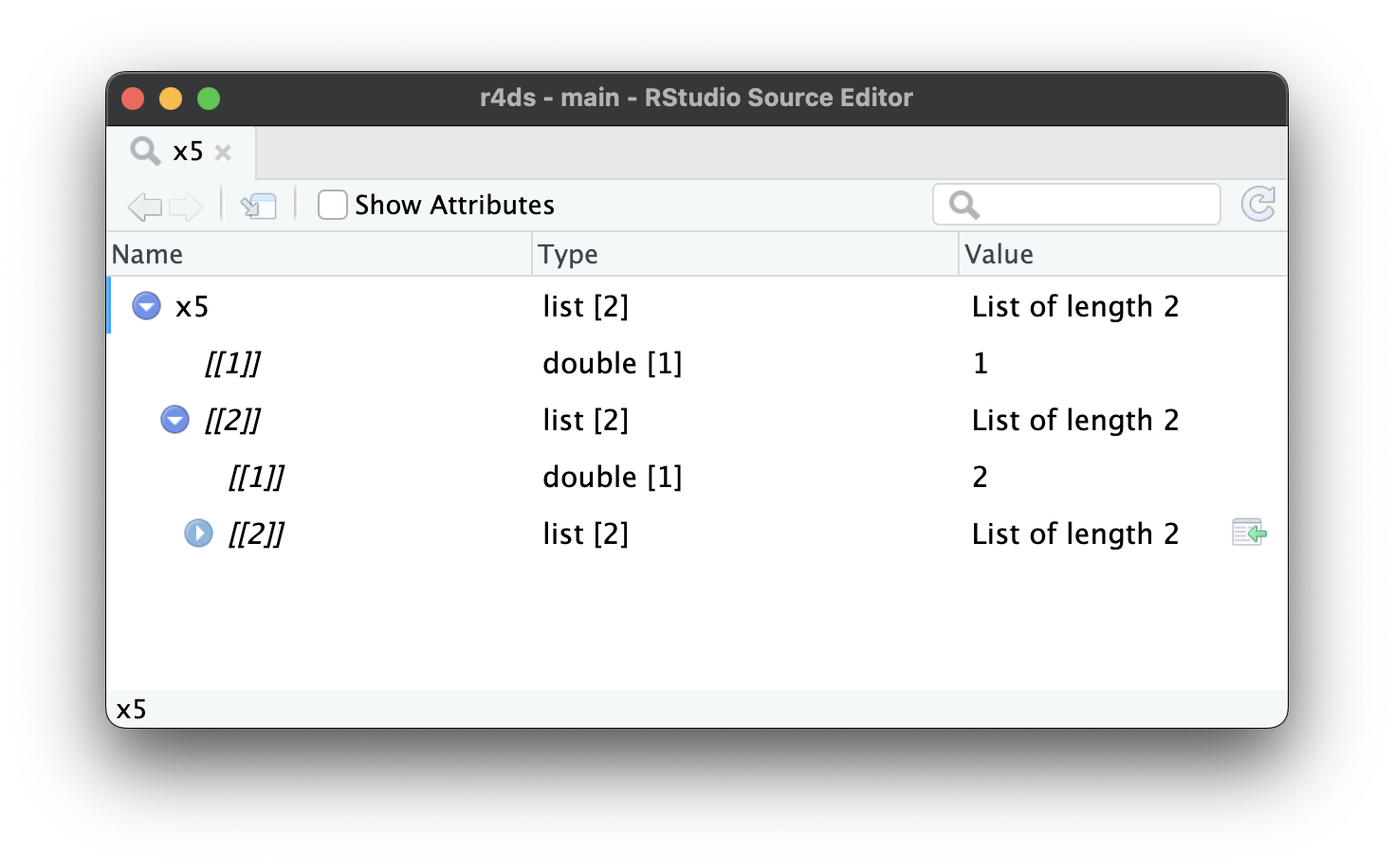 Another screenshot of the list-viewer having expand the second child of x5. It also has two children, a double vector and another list.